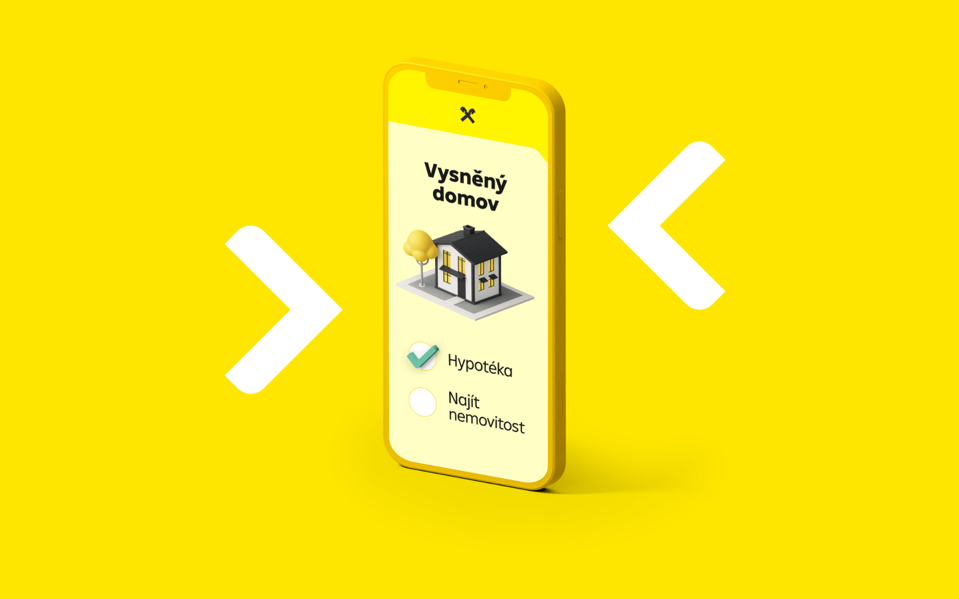 Mobilní telefon s obrázkem domu a pořadím kroků – nejdříve hypotéka, pak nemovitost.