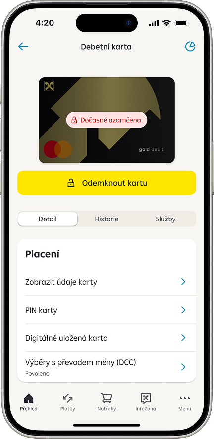Mobile app screen with temporary card lock