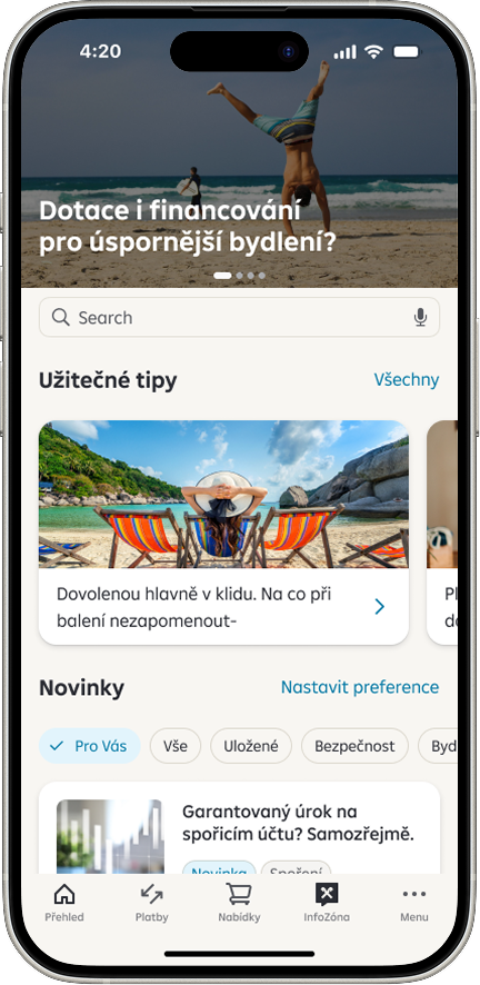 Mobile app screen with InfoZone main page