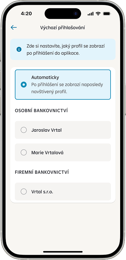 Obrazovka mobilní aplikace s nastavením výchozího přihlašování